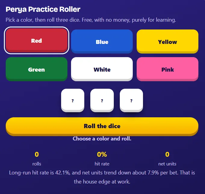 Perya Practice Roller: a six-color color game board with red, blue, yellow, green, white and pink, three dice and a Roll the dice button
